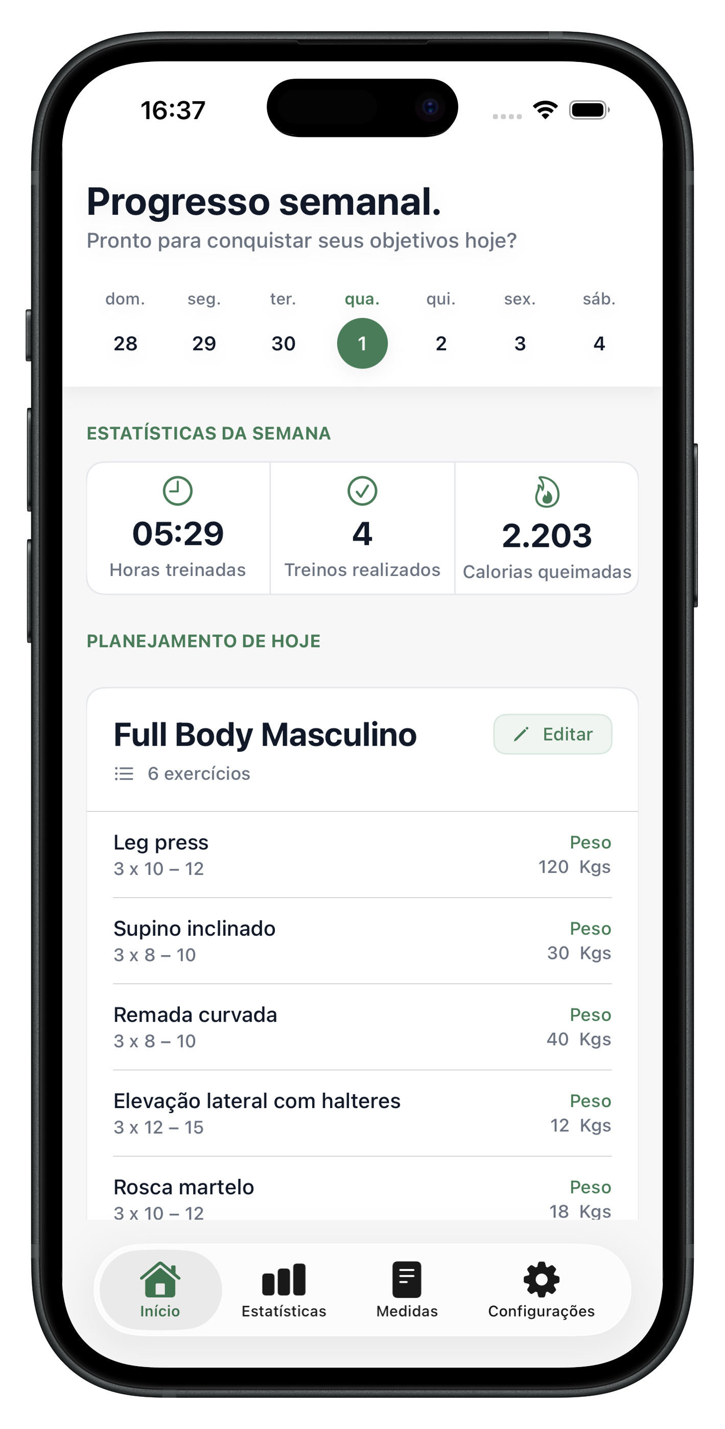 Tela do Liftr Pro mostrando o progresso semanal com estatísticas de treino
